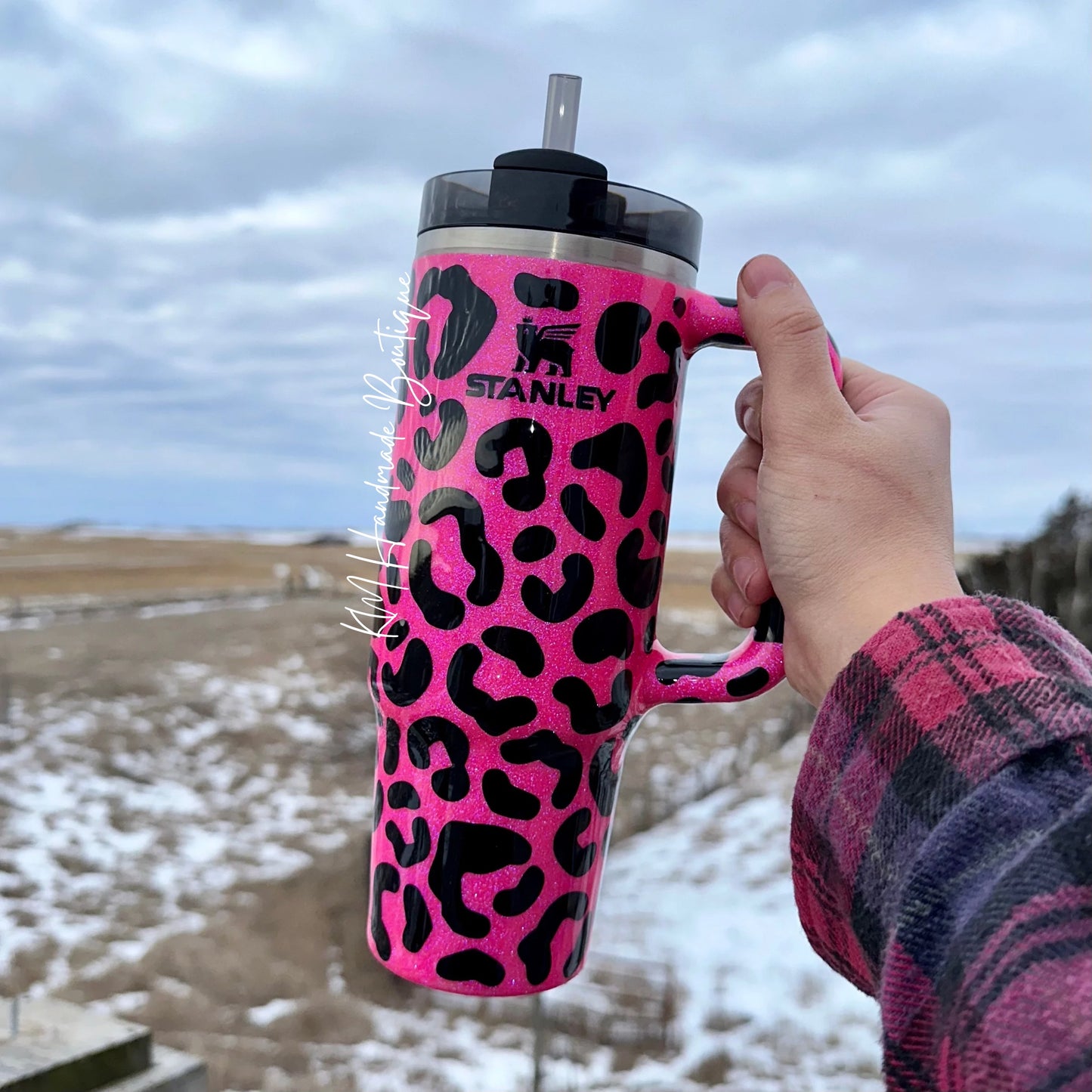 Customized Hot Pink Leopard Glitter Stanley Tumbler Pink 